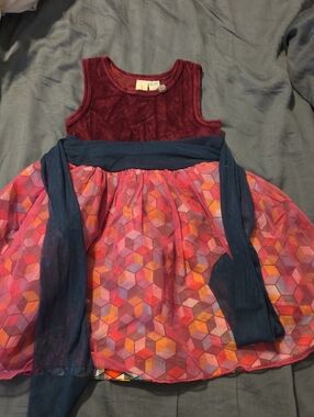 Matilda Jane Girls Maroon Velvet & Pink Geometric Tulle Dress with Navy Sash